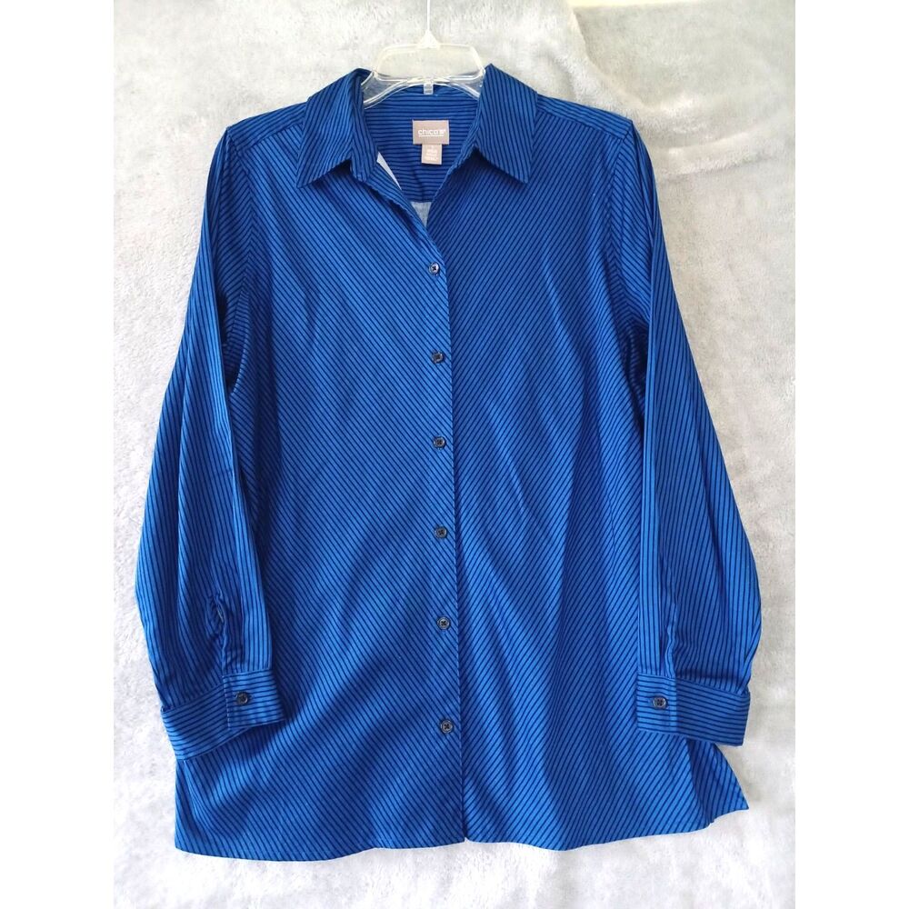 Chicos Shirt Sz 1/ M Button Up Blue Black Striped Long Sleeves Preppy Office